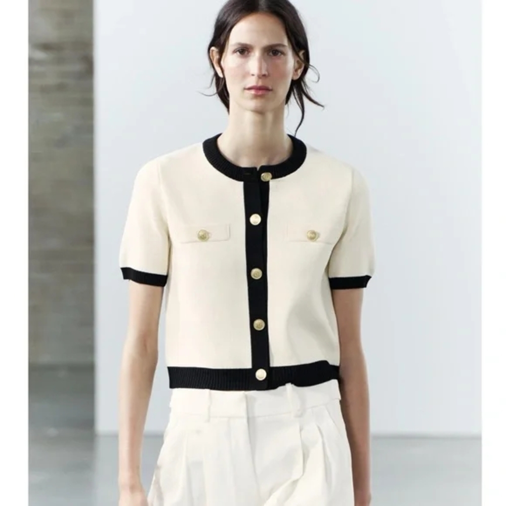 Zara Cream and Black Button Down Shirt